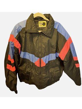 Vintage 90s Alpine Ski Jacket Black With Blue Red Nylon Shell  Sz XL